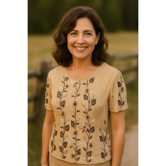 Adrianna Papell Tops - Vintage Adrianna Papell Cottagecore Old Money 14 BeigeBrown Beads Silk FloralTop